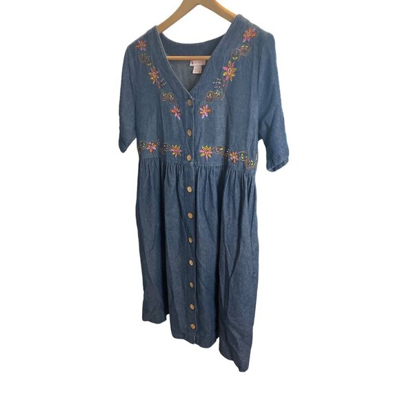 Go Softly Patio Blue Denim Half Sleeve Button Down Embroidered Dress SZ Small - Picture 3 of 7